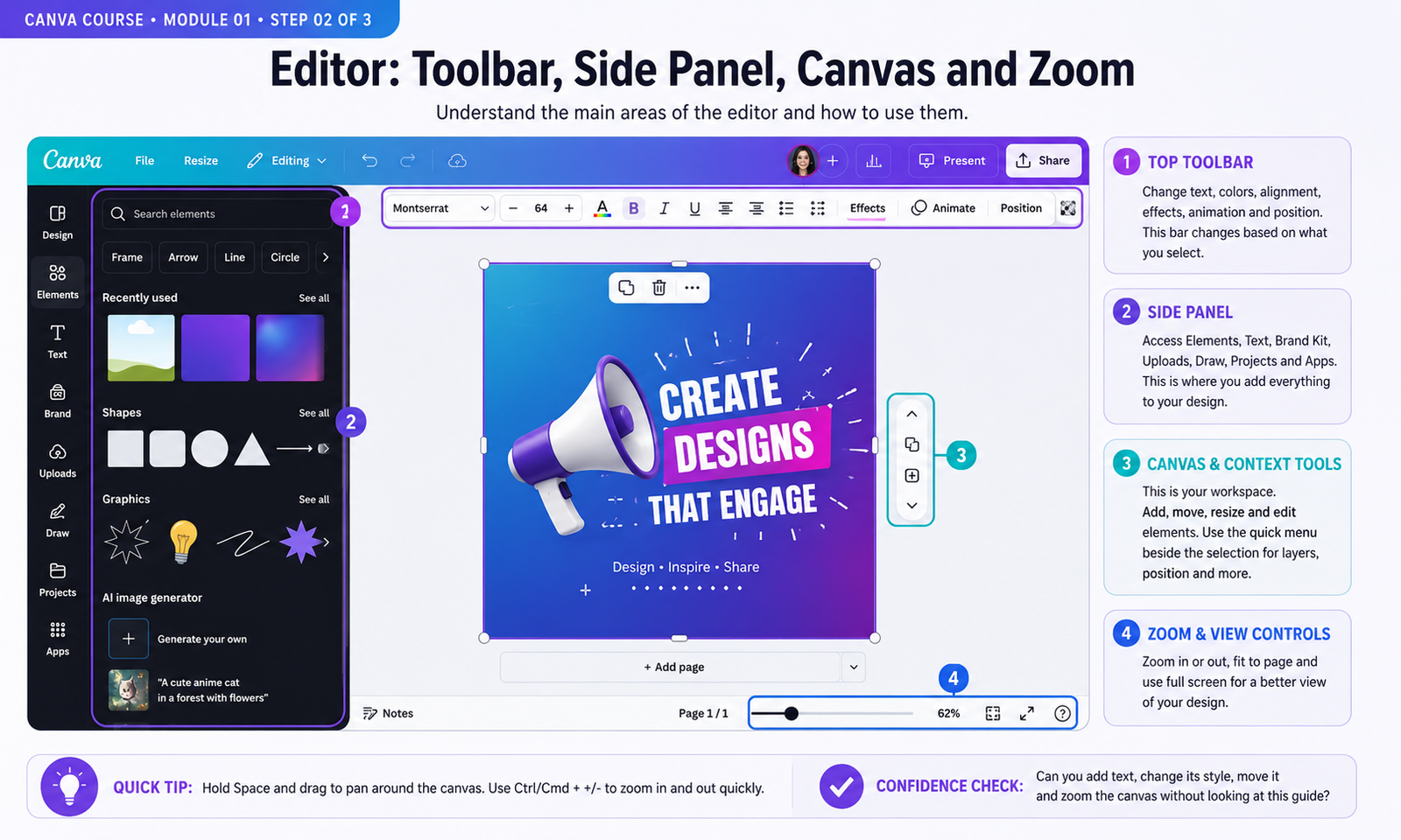 Canva module 1 instructional visual: Editor toolbar, side panel and canvas