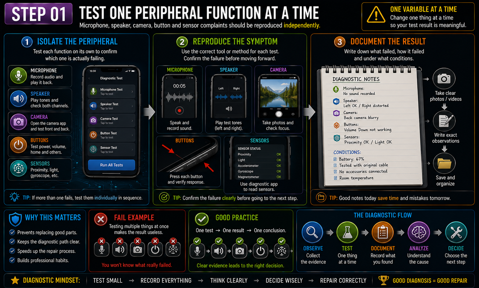 Test one peripheral function at a time