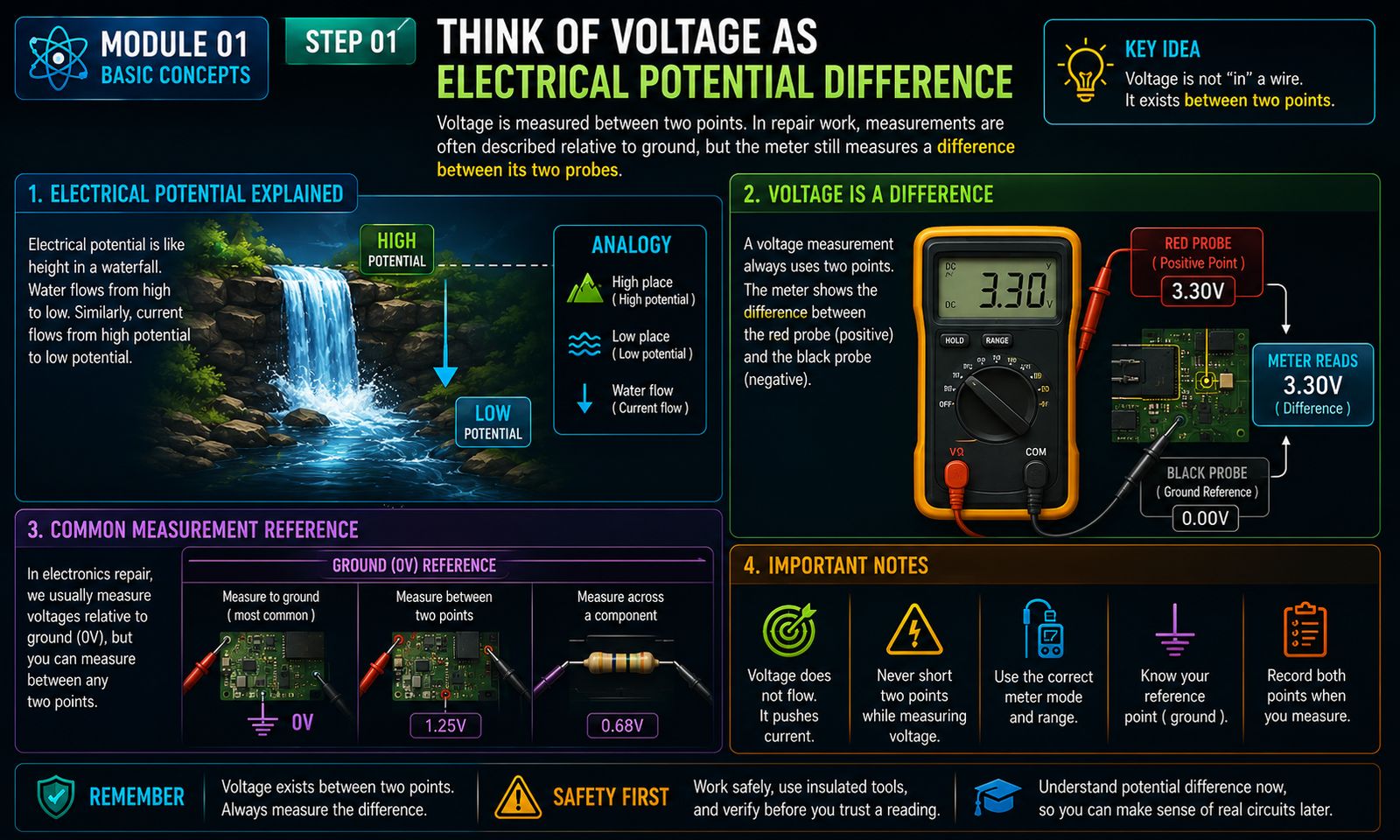 Instructional visual for Electronics module 1, step 1: Think of voltage as electrical potential difference