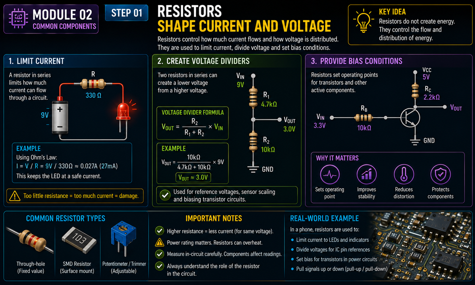 Instructional visual for Electronics module 2, step 1: Resistors shape current and voltage