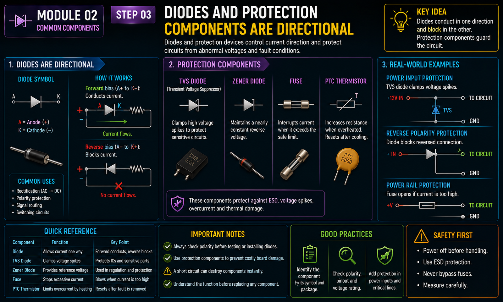 Instructional visual for Electronics module 2, step 3: Diodes and protection components are directional