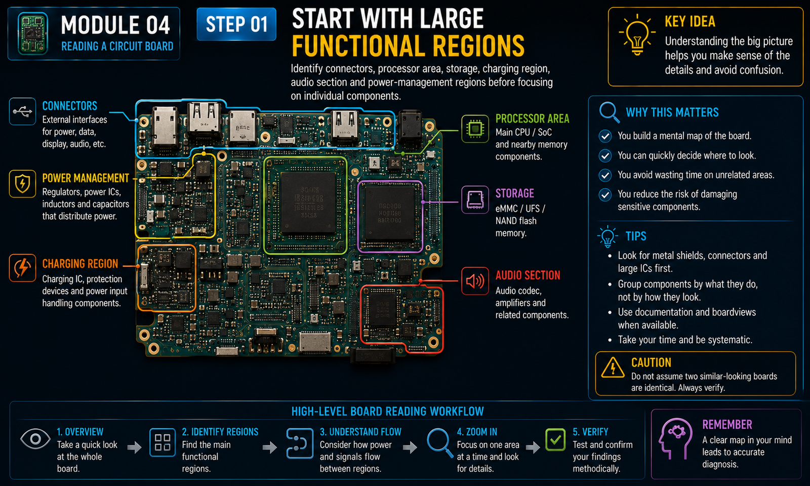 Instructional visual for Electronics module 4, step 1: Start with large functional regions