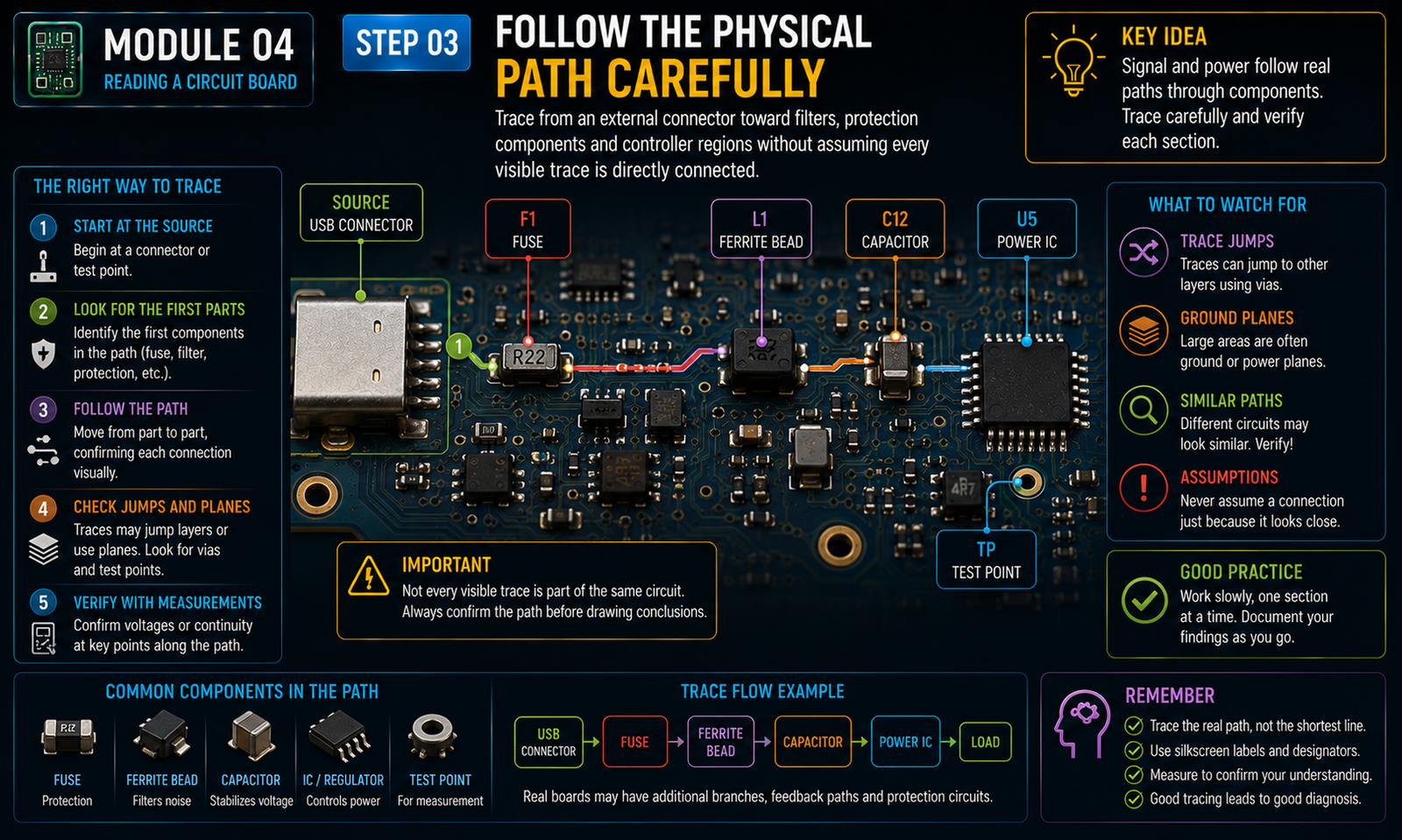 Instructional visual for Electronics module 4, step 3: Follow the physical path carefully