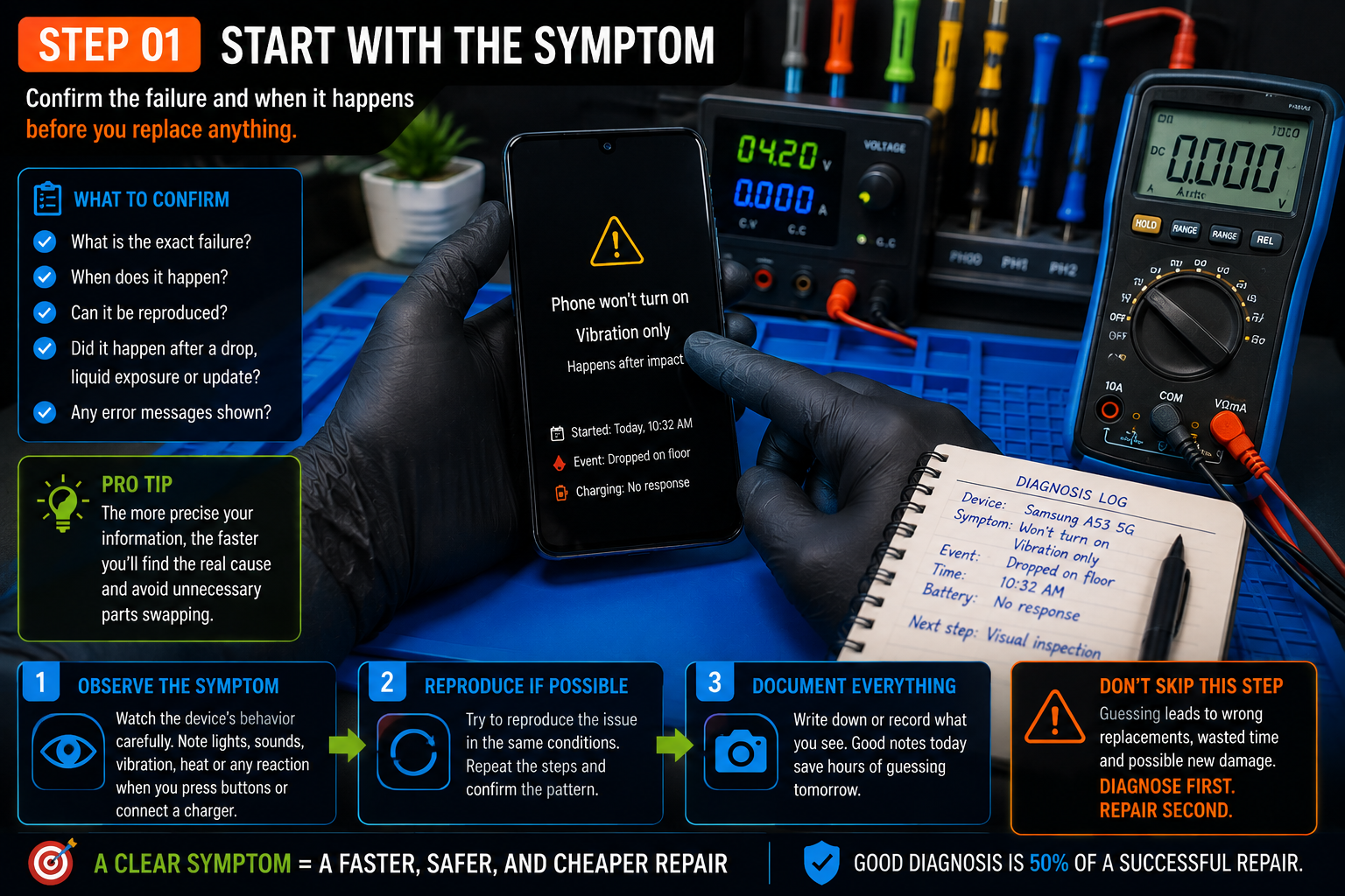Technical illustration for lesson 05, step 1: Start with the symptom