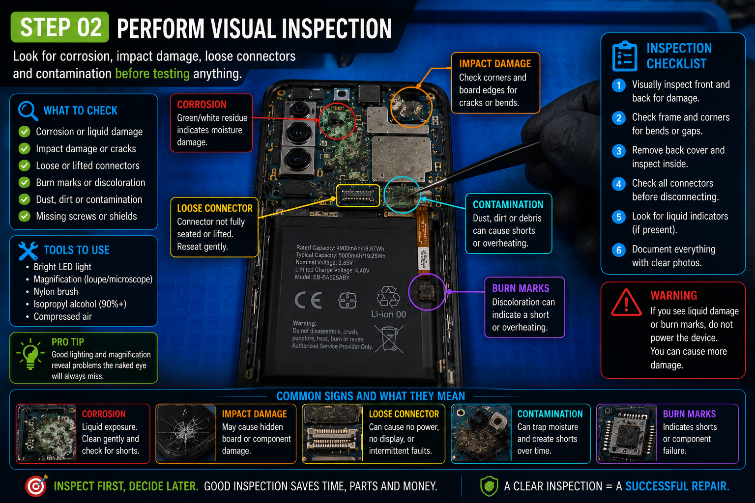 Technical illustration for lesson 05, step 2: Perform visual inspection