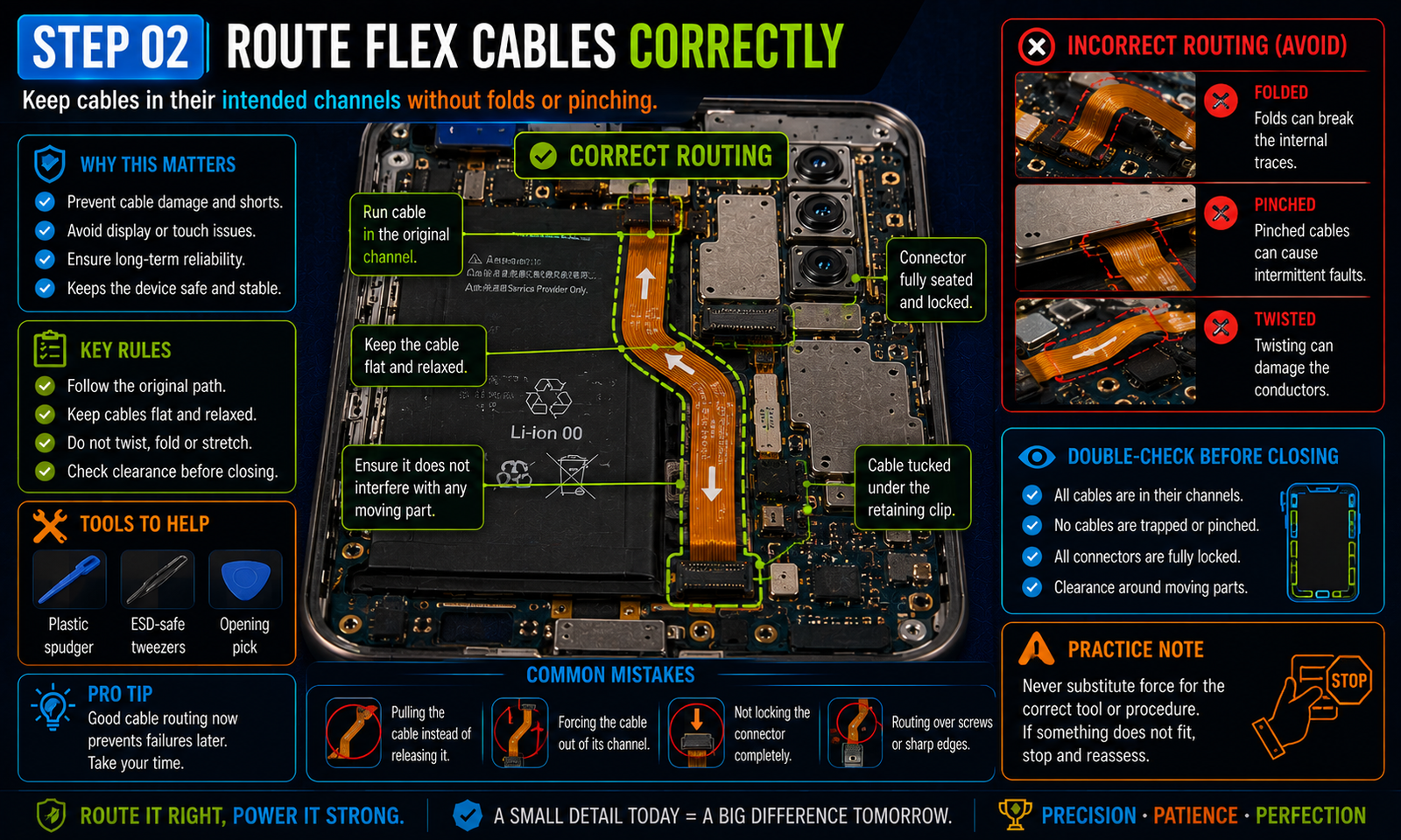 Technical illustration for lesson 06, step 2: Route flex cables correctly